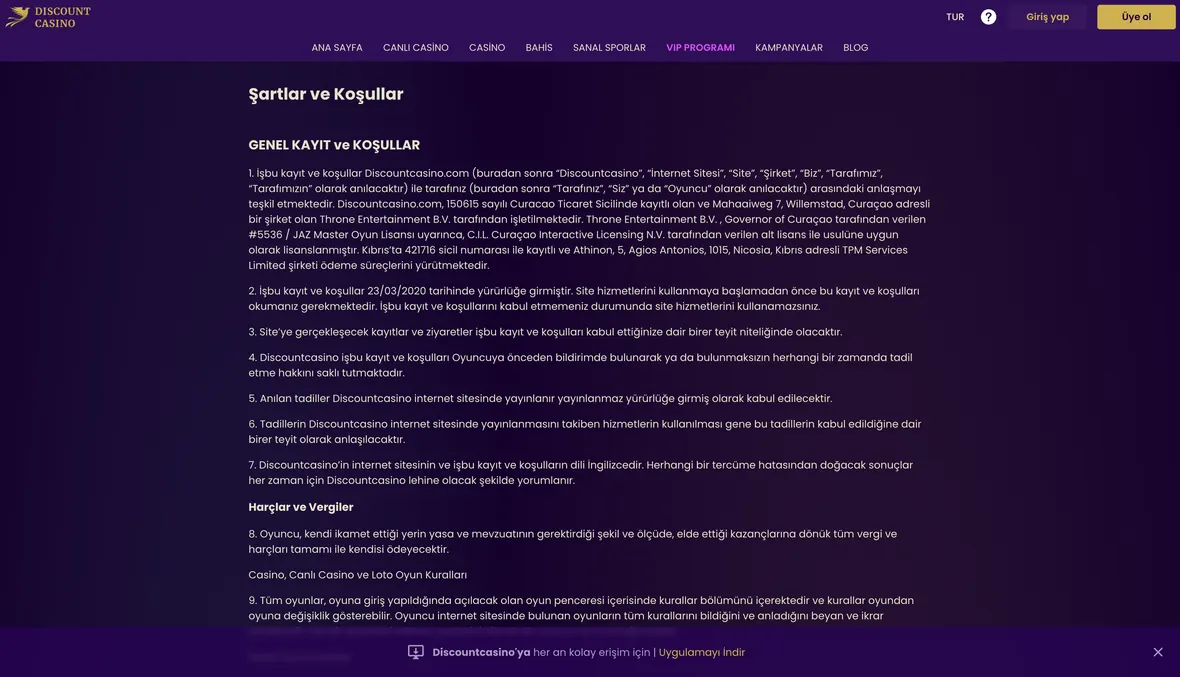 Operatörün şartlar bölümü, 26 Ağustos 2026 tarihinde alınan ekran görüntüsü.