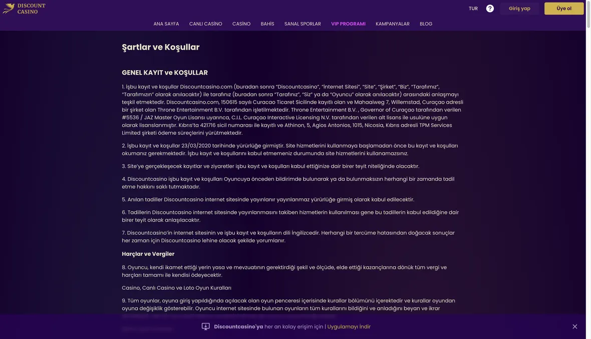 Operatörün şartlar bölümü, 26 Ağustos 2026 tarihinde alınan ekran görüntüsü.